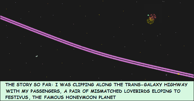 Panel 2 -- Zen 1077 clips along Trans-Galaxy Highway