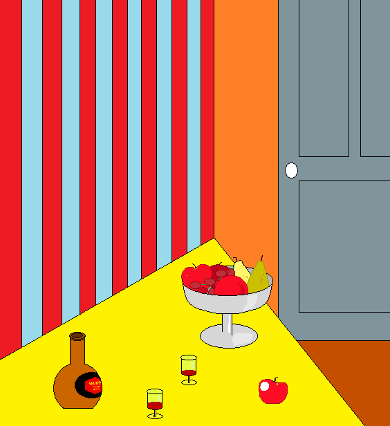 table with liqueur bottle and fruit bowl