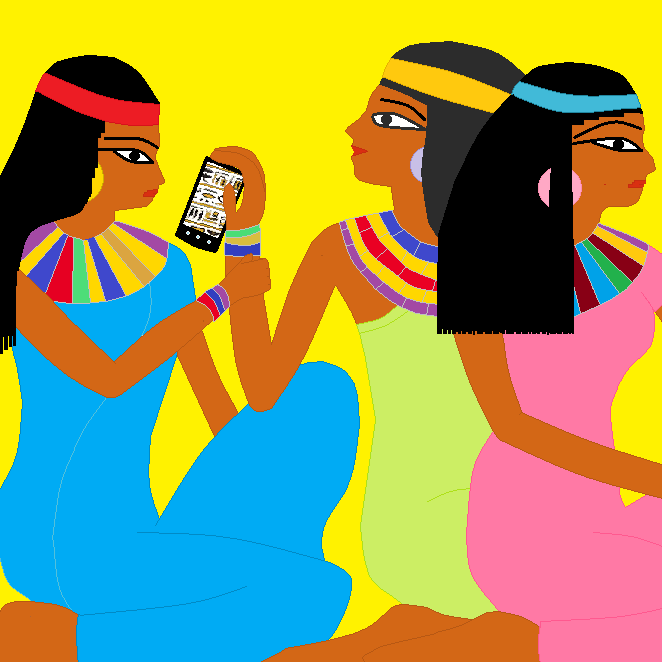 Girls in Ancient Egypt read hieroglyphs on phone screen