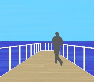 man running toward end of pier