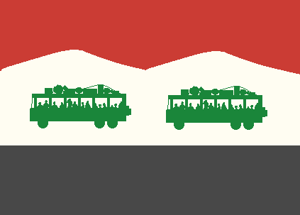 Refugee buses on Syrian flag background