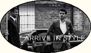 Semi-casual male passenger arriving in limo in Uber ad with message 'Arrive in style'