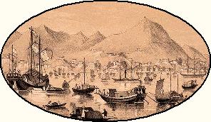 Antique sketch of Hong Kong Harbor bustling with water transport