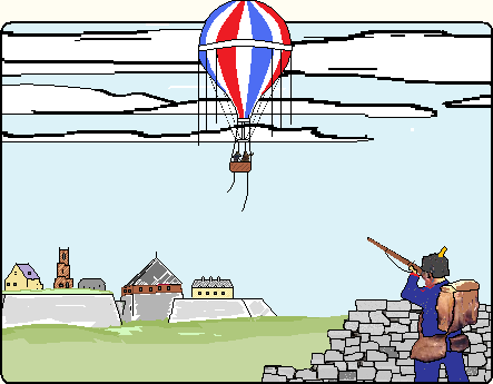 Prussian soldier takes aim at French hot-air balloon