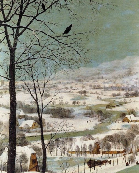wintry scene with crows on branches