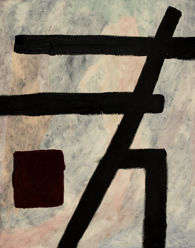 abstract painting with forceful black lines pressing rightward over diffuse grey and rose background