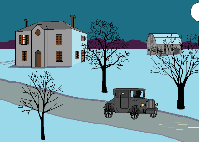 early-model car drives from farmhouse on winter night