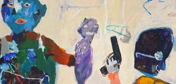 detail from a Yaser Safi painting of a man brandishing a gun