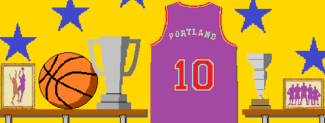 a basketball star's photos, trophies, and jersey on display