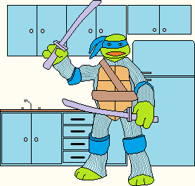 sword-wielding ninja turtle in kitchen