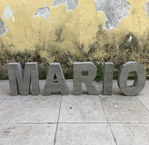 Mario's name in letters made of concrete