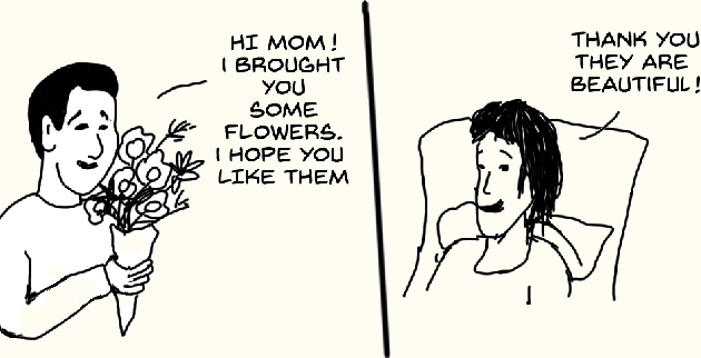 Ben gives the flowers to his mom in the hospital