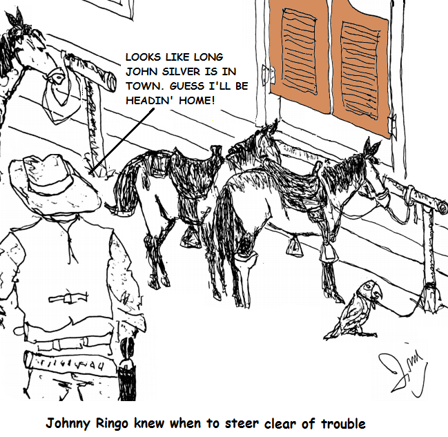 gunslinger Johnny Ringo steers clear when he sees Long John Silver's peg-legged horse parked by the saloon