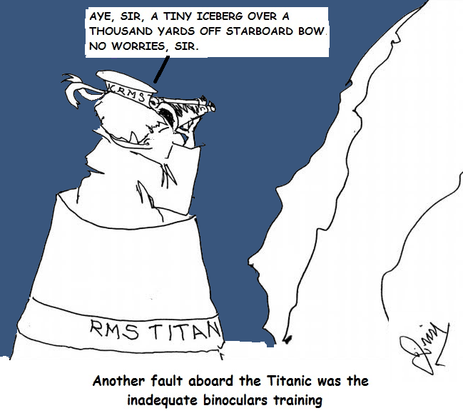 a lookout on the Titanic, holding binoculars the wrong way, believes the iceberg is far away