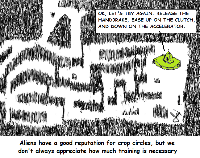 An alien flying saucer instructor tells a trainee how to make crop circles