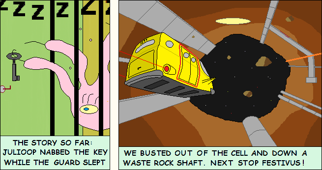 Panel 2 -- Julioop grabs the key and the gang slips out of jail